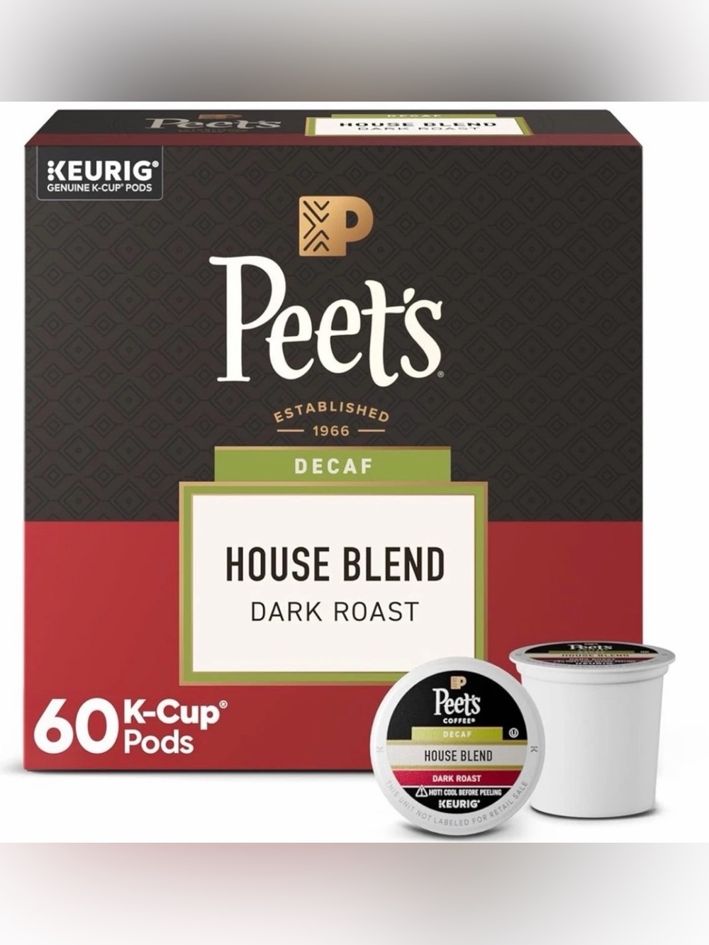 Peet’s Decaf House Blend K Cup Pods 60 Ct Dark Roast Arabica Coffee